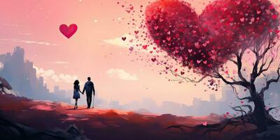 AI Generated. AI Generative. Lovely romantic love couple together with heart shape background landscape vacation. Wedding relationship vibe. Graphic Art photo