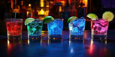 AI Generated. AI Generative. Neon glowing cocktail glass mug bar pub in synthwave cybepunk retrowave style. Night life party alcohol drink vibe. Graphic Art photo