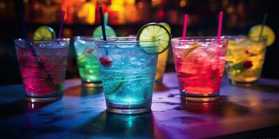 AI Generated. AI Generative. Neon glowing cocktail glass mug bar pub in synthwave cybepunk retrowave style. Night life party alcohol drink vibe. Graphic Art photo