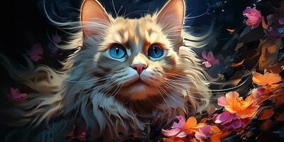 AI Generated. AI Generative. Cute beautiful cat animal pet vibrant colors with oil paint draw background. Cute lovely portrait face. Graphic Art photo