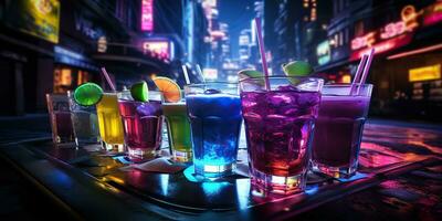 AI Generated. AI Generative. Neon glowing cocktail glass mug bar pub in synthwave cybepunk retrowave style. Night life party alcohol drink vibe. Graphic Art photo