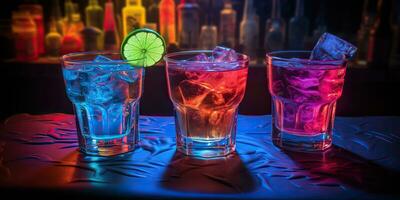 AI Generated. AI Generative. Neon glowing cocktail glass mug bar pub in synthwave cybepunk retrowave style. Night life party alcohol drink vibe. Graphic Art photo