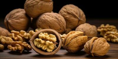AI Generated. AI Generative. Healthy food nutrition nut walnut half open and in shell. Can be used for healthy lifestyle motivation inspiration. Graphic Art photo