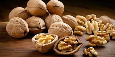 AI Generated. AI Generative. Healthy food nutrition nut walnut half open and in shell. Can be used for healthy lifestyle motivation inspiration. Graphic Art photo