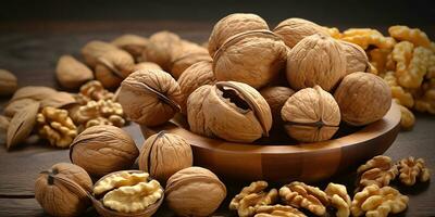 AI Generated. AI Generative. Healthy food nutrition nut walnut half open and in shell. Can be used for healthy lifestyle motivation inspiration. Graphic Art photo