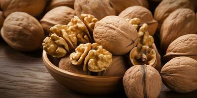 AI Generated. AI Generative. Healthy food nutrition nut walnut half open and in shell. Can be used for healthy lifestyle motivation inspiration. Graphic Art photo