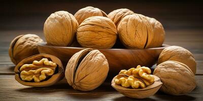 AI Generated. AI Generative. Healthy food nutrition nut walnut half open and in shell. Can be used for healthy lifestyle motivation inspiration. Graphic Art photo
