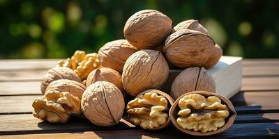 AI Generated. AI Generative. Healthy food nutrition nut walnut half open and in shell. Can be used for healthy lifestyle motivation inspiration. Graphic Art photo