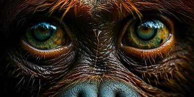 ai generado. ai generativo. orangután mono cara retratar ojos acecho en tú. mamífero animal antecedentes vista. gráfico Arte foto