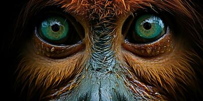 AI Generated. AI Generative. Orangutan monkey face portrain eyes watching on you. Mammal animal background view. Graphic Art photo