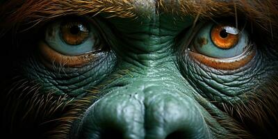 ai generado. ai generativo. orangután mono cara retratar ojos acecho en tú. mamífero animal antecedentes vista. gráfico Arte foto