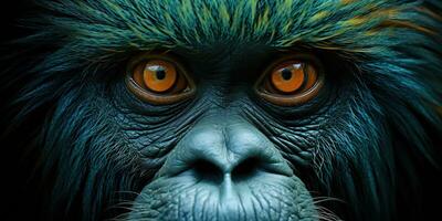 AI Generated. AI Generative. Orangutan monkey face portrain eyes watching on you. Mammal animal background view. Graphic Art photo