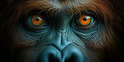 AI Generated. AI Generative. Orangutan monkey face portrain eyes watching on you. Mammal animal background view. Graphic Art photo