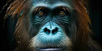 AI Generated. AI Generative. Orangutan monkey face portrain eyes watching on you. Mammal animal background view. Graphic Art photo