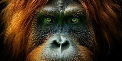 AI Generated. AI Generative. Orangutan monkey face portrain eyes watching on you. Mammal animal background view. Graphic Art photo