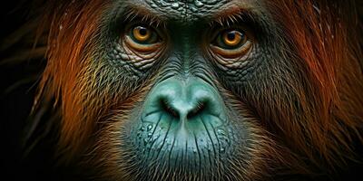 AI Generated. AI Generative. Orangutan monkey face portrain eyes watching on you. Mammal animal background view. Graphic Art photo