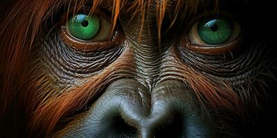 ai generado. ai generativo. orangután mono cara retratar ojos acecho en tú. mamífero animal antecedentes vista. gráfico Arte foto