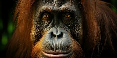 AI Generated. AI Generative. Orangutan monkey face portrain eyes watching on you. Mammal animal background view. Graphic Art photo