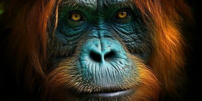 ai generado. ai generativo. orangután mono cara retratar ojos acecho en tú. mamífero animal antecedentes vista. gráfico Arte foto