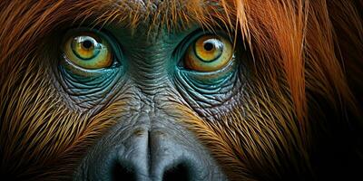 AI Generated. AI Generative. Orangutan monkey face portrain eyes watching on you. Mammal animal background view. Graphic Art photo