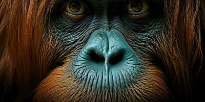 AI Generated. AI Generative. Orangutan monkey face portrain eyes watching on you. Mammal animal background view. Graphic Art photo