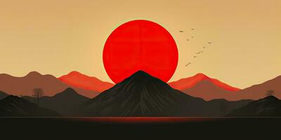 AI Generated. AI Generative. Japanese asian minimalistic landscape background. Nature outdoor sun mountain sunset sunrise vacation adventure view. Graphic Art photo