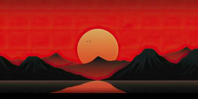 AI Generated. AI Generative. Japanese asian minimalistic landscape background. Nature outdoor sun mountain sunset sunrise vacation adventure view. Graphic Art photo