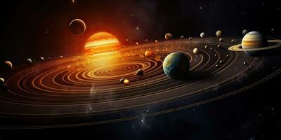 AI Generated. AI Generative. Solar system universe galaxy space planets poster background decoration. Graphic Art photo