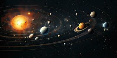 AI Generated. AI Generative. Solar system universe galaxy space planets poster background decoration. Graphic Art photo