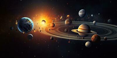 AI Generated. AI Generative. Solar system universe galaxy space planets poster background decoration. Graphic Art photo