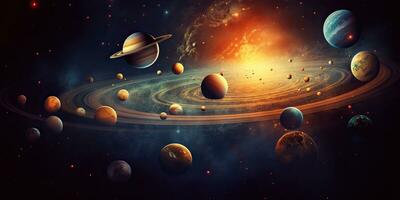 AI Generated. AI Generative. Solar system universe galaxy space planets poster background decoration. Graphic Art photo