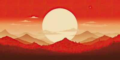 AI Generated. AI Generative. Japanese asian minimalistic landscape background. Nature outdoor sun mountain sunset sunrise vacation adventure view. Graphic Art photo