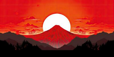 AI Generated. AI Generative. Japanese asian minimalistic landscape background. Nature outdoor sun mountain sunset sunrise vacation adventure view. Graphic Art photo