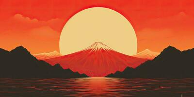 AI Generated. AI Generative. Japanese asian minimalistic landscape background. Nature outdoor sun mountain sunset sunrise vacation adventure view. Graphic Art photo