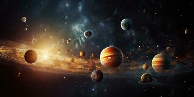 AI Generated. AI Generative. Solar system universe galaxy space planets poster background decoration. Graphic Art photo