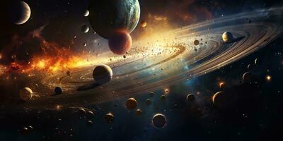 AI Generated. AI Generative. Solar system universe galaxy space planets poster background decoration. Graphic Art photo