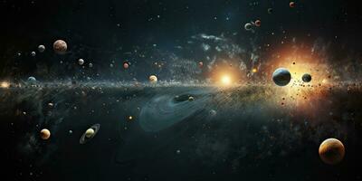 AI Generated. AI Generative. Solar system universe galaxy space planets poster background decoration. Graphic Art photo