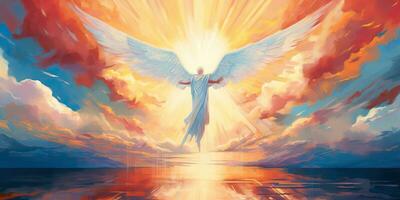 ai generado. ai generativo. brillante ligero volador ángel en cielo. religión espiritual fe cristiano católico Jesús mitología onda. gráfico Arte foto