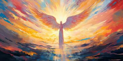 ai generado. ai generativo. brillante ligero volador ángel en cielo. religión espiritual fe cristiano católico Jesús mitología onda. gráfico Arte foto