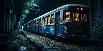 ai generado. ai generativo. túnel abandonado subterráneo subterraneo tren estación con antiguo usado tren carril. pintada calle Arte cultura crimen onda. gráfico Arte foto