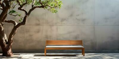 AI Generated. AI Generative. Urban city garden park with concrete stone wall and wooden bench and tree. Nature outdoor relaxing minimal time. Graphic photo