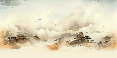 AI Generated. AI Generative. Ancient chinese temple mountain fog mist landscape. Vacation adventure outdoor asian traditional drawing painting art. Graphic Art photo