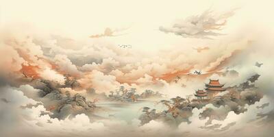 ai generado. ai generativo. antiguo chino templo montaña niebla niebla paisaje. vacaciones aventuras al aire libre asiático tradicional dibujo pintura Arte. gráfico Arte foto