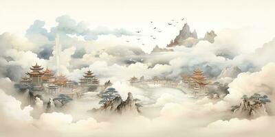 AI Generated. AI Generative. Ancient chinese temple mountain fog mist landscape. Vacation adventure outdoor asian traditional drawing painting art. Graphic Art photo