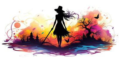 AI Generated. AI Generative. Watercolor draw ink paint witch girl woman with broom. Halloween holiday magic style. Graphic Art photo