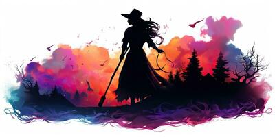 AI Generated. AI Generative. Watercolor draw ink paint witch girl woman with broom. Halloween holiday magic style. Graphic Art photo