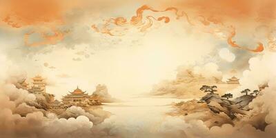 AI Generated. AI Generative. Ancient chinese temple mountain fog mist landscape. Vacation adventure outdoor asian traditional drawing painting art. Graphic Art photo