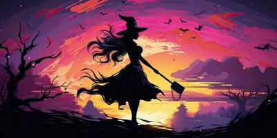 AI Generated. AI Generative. Watercolor draw ink paint witch girl woman with broom. Halloween holiday magic style. Graphic Art photo