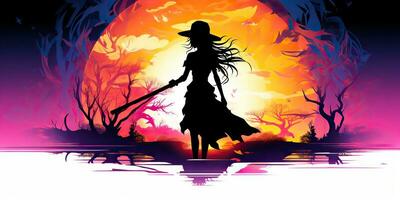 AI Generated. AI Generative. Watercolor draw ink paint witch girl woman with broom. Halloween holiday magic style. Graphic Art photo