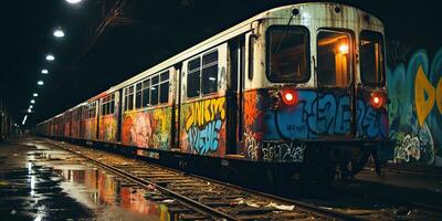 ai generado. ai generativo. túnel abandonado subterráneo subterraneo tren estación con antiguo usado tren carril. pintada calle Arte cultura crimen onda. gráfico Arte foto